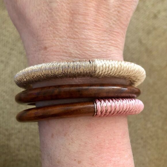Boho Wood and Cord Wrapped Bangle Set | 2.5” Inner Diameter - Picture 1 of 4